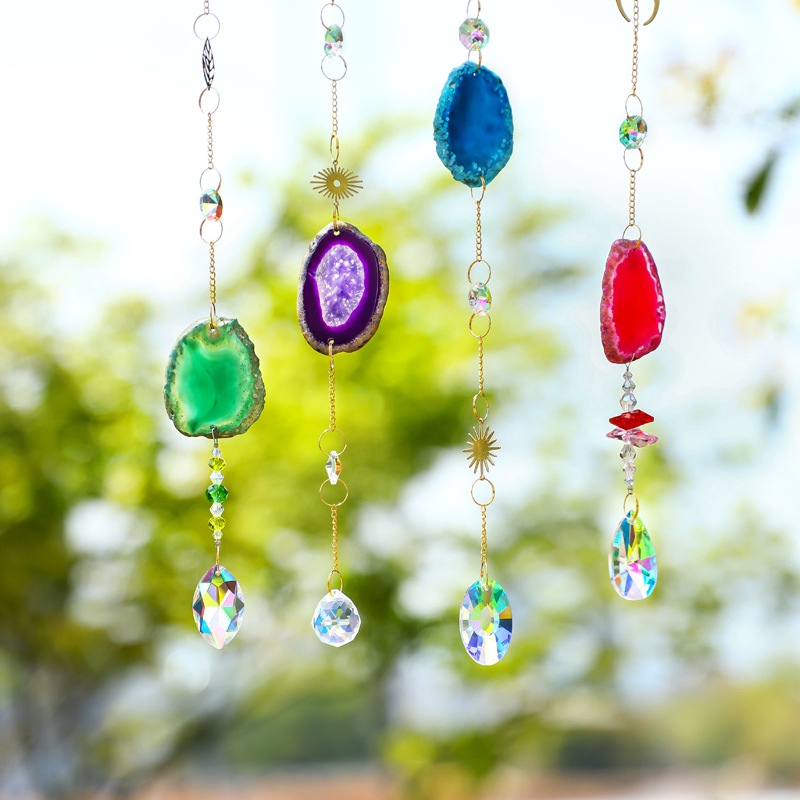 Natural Agate Sun Catcher with Crystal Prisms - Rainbow Window Decor