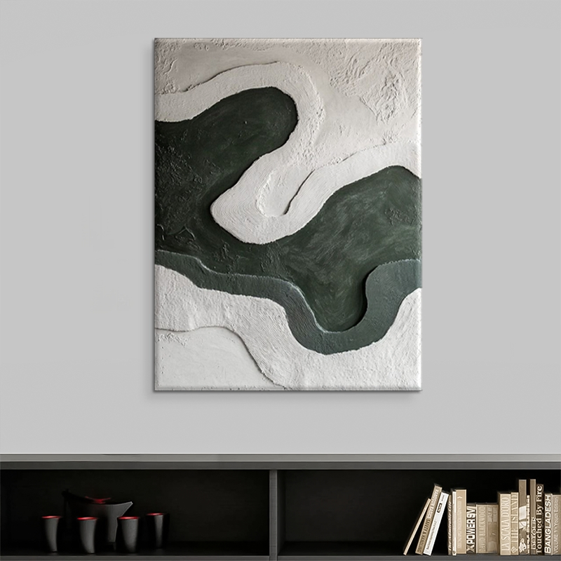 Green White Textured Wave Abstract Canvas Art, Minimalist Wall Decor for Home