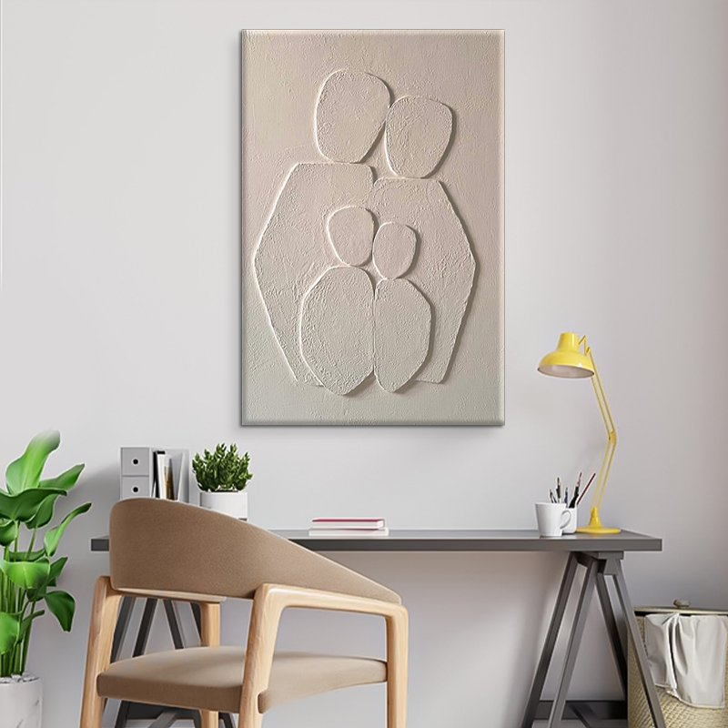 Beige Family Figure Textured Canvas Art, Warm Minimalist Wall Decor for Home