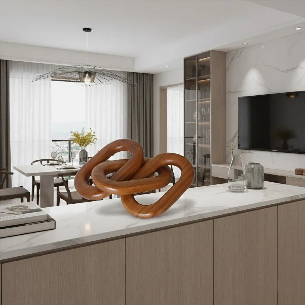 Teak Wood Chain Link Decor, Interlocking Oval Design, Modern Tabletop Accent