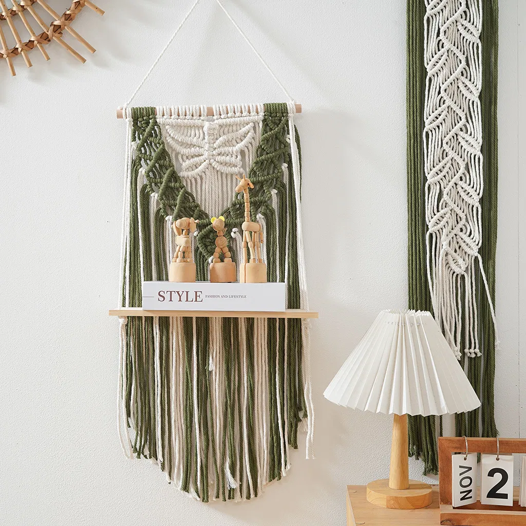 Bohemian-Nordic Style Wood Plant Holder Tassel Macrame Wall Hanging Shelf for Boho Bedroom Decor