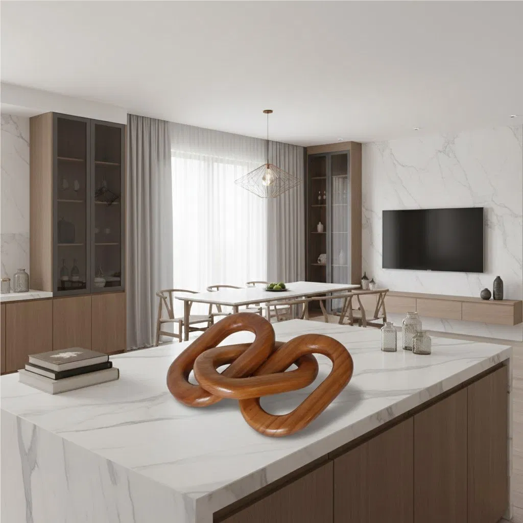 Teak Wood Chain Link Decor, Interlocking Oval Design, Modern Tabletop Accent