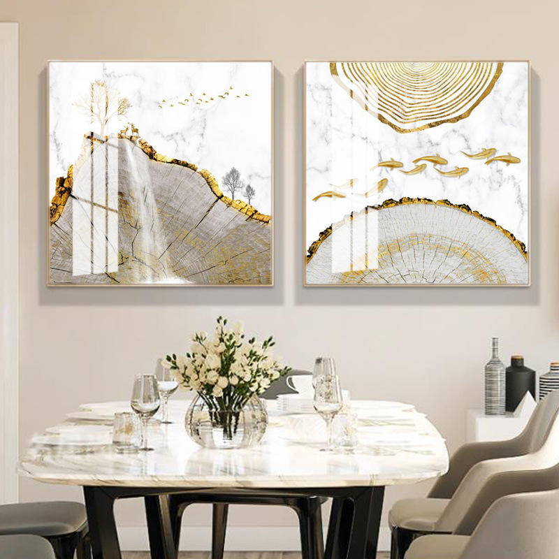 Nordic Style Home Decor Three-Panel Crystal Porcelain Landscape Wall Hanging Glass Decoration Canvas Support Base