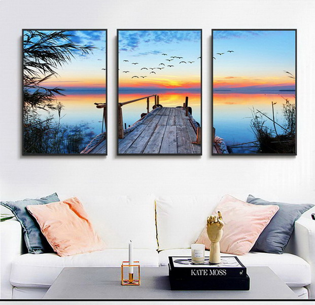 Custom 3 Piece Canvas Wall Art Seascape Canvas Painting Wall Art with Frame Large Paintings for Living Room