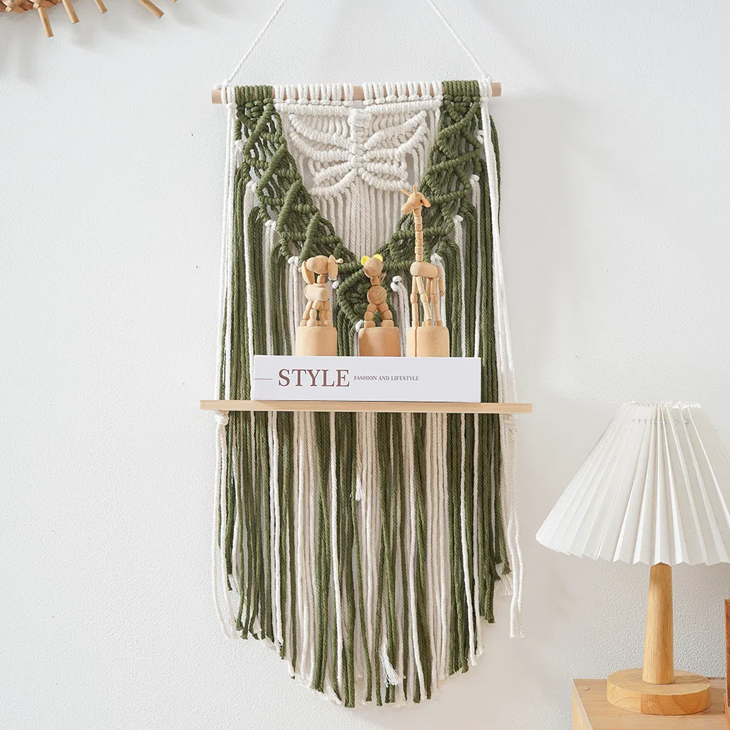 Boho Macrame Wall Hanging Shelf Cotton Wood Floating Magazine Organizer for Home Decor