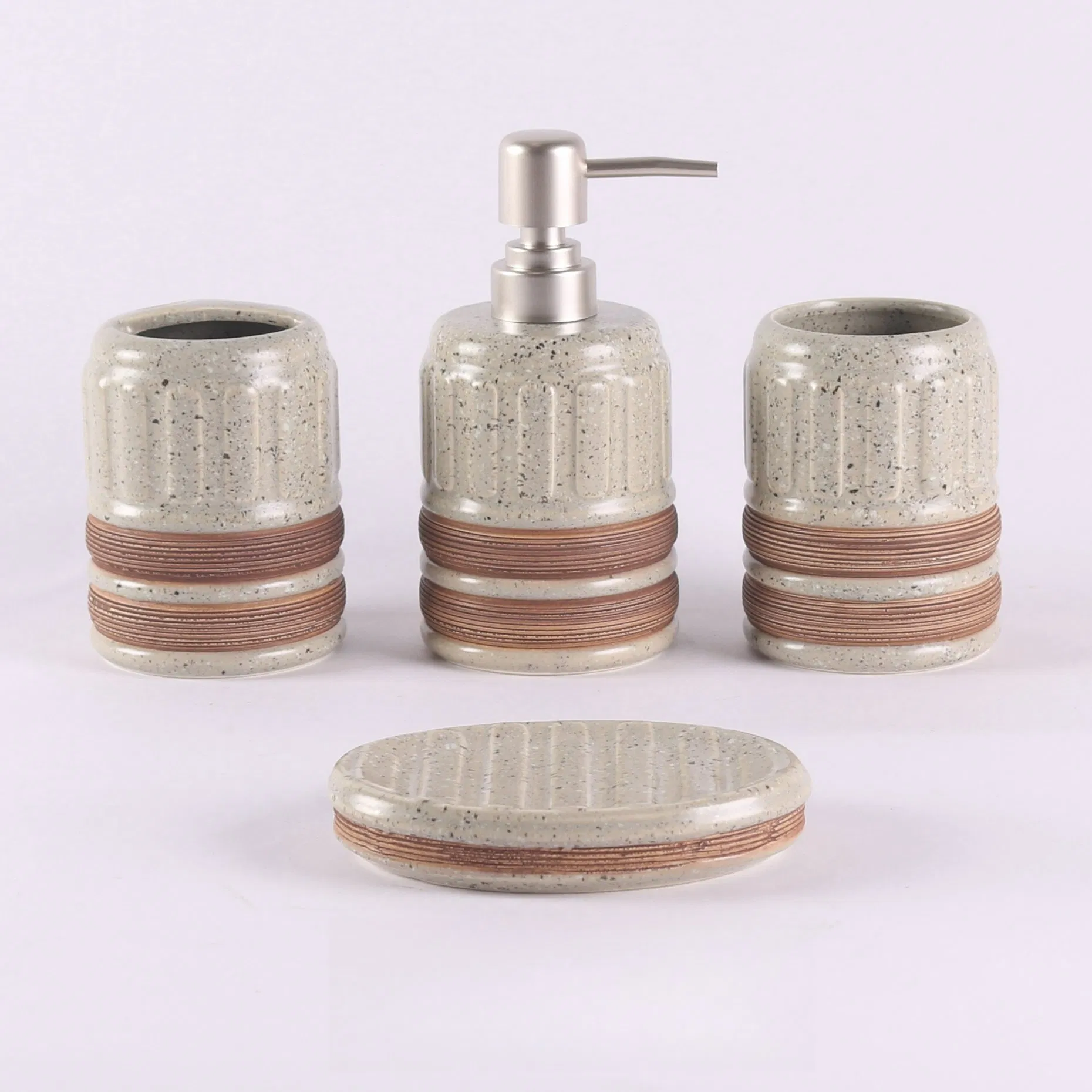 Ceramic Bathroom Set Luxury Decoration Home Accessories Modern Matte White Color Accented with Bamboo Piece Hotel Bathroom Set