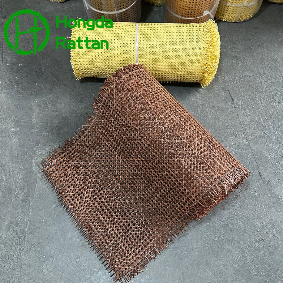 Two-Tone Red-Brown and Yellow PE Rattan Webbing with Hexagonal Mesh