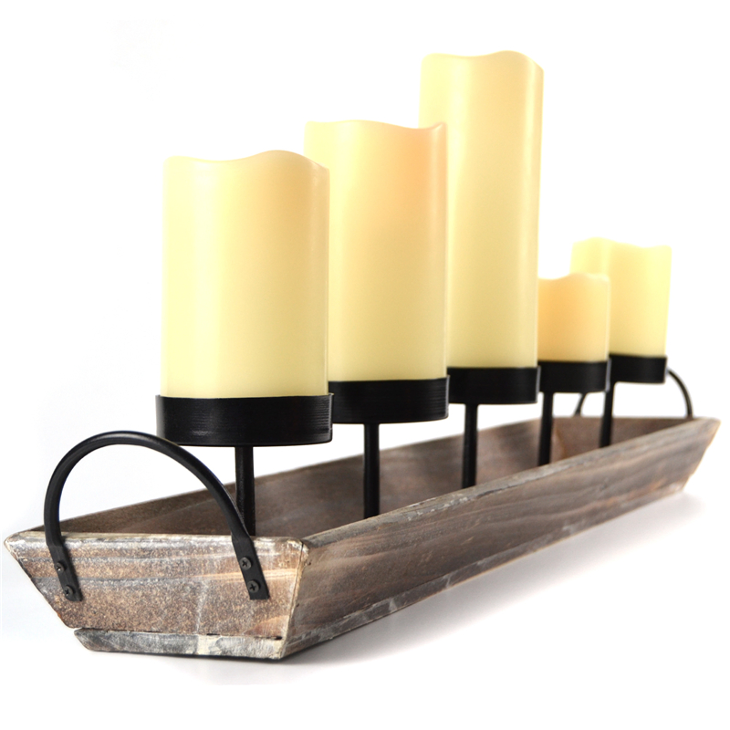Rectangle Wood Tray Metal Votive Candle Holders with Handles