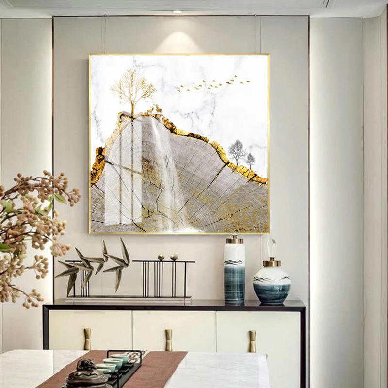 Nordic Style Home Decor Three-Panel Crystal Porcelain Landscape Wall Hanging Glass Decoration Canvas Support Base