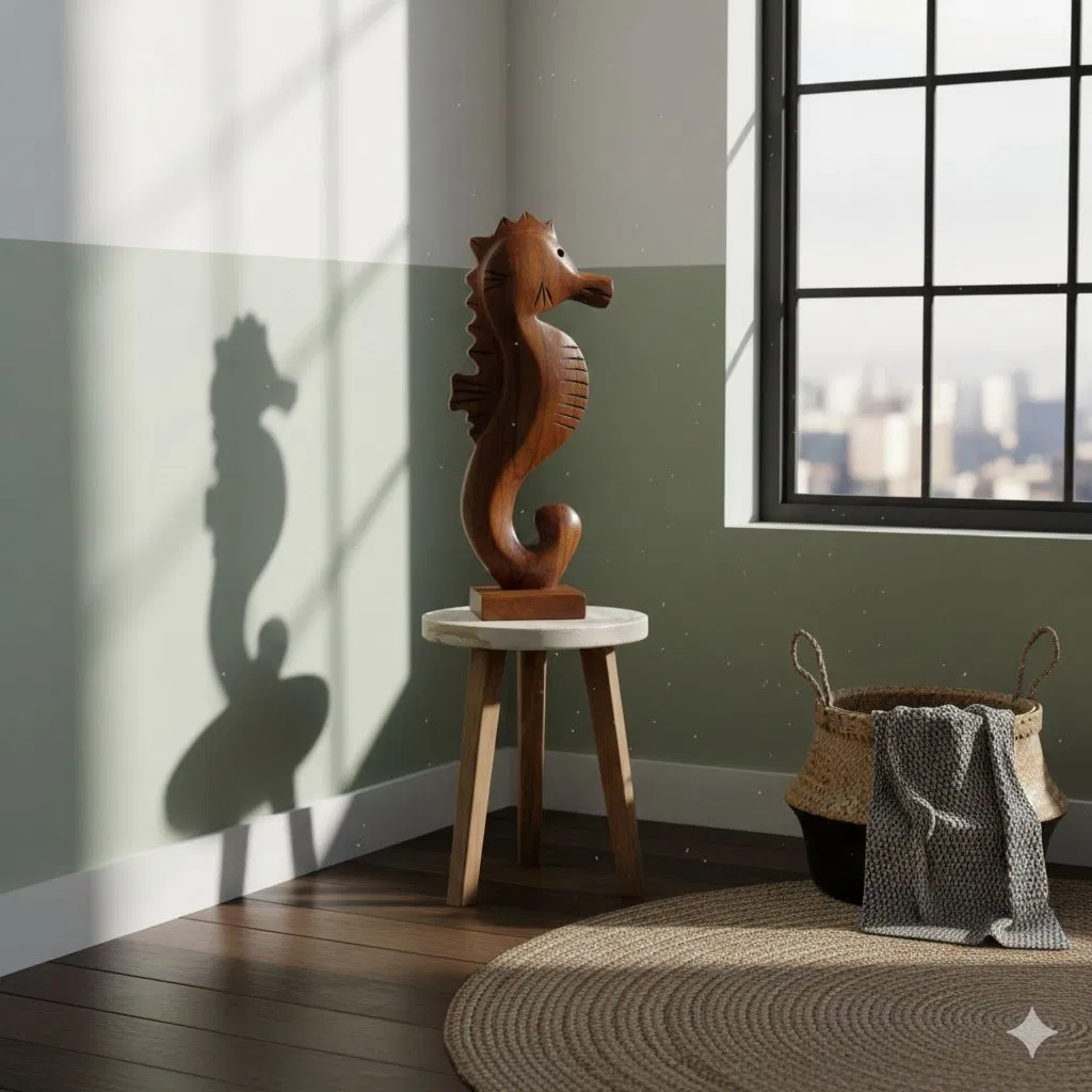 Carved Teak Sea Horse Decor, Nautical Tabletop Accent Home Decor