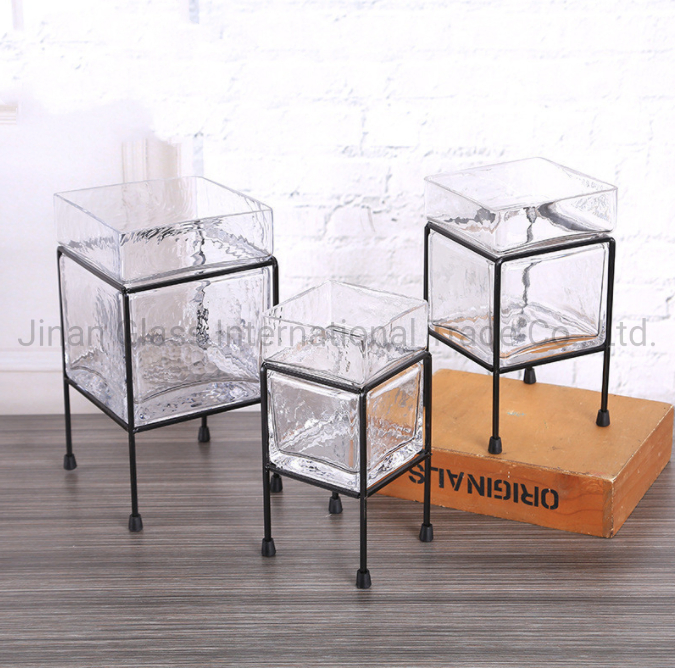 Nordic Style Black Metal Glass High Foot Square Vase Flower Vessel Hydroponic Creative Decoration