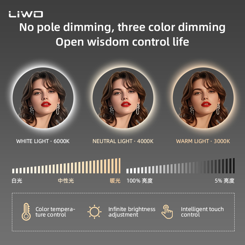 Home Decoration Bathroom Round Smart LED Mirror with Backlit Light Glass Mirror with Anti-Fog Bluetooth Cosmetic Decorative Vanity Makeup Wall Furniture