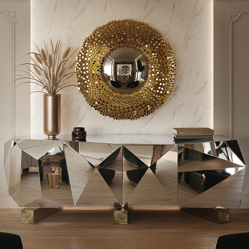 Luxury Round Golden Frame Wall Mirror with Nail Accent for Upscale Entryway Decor