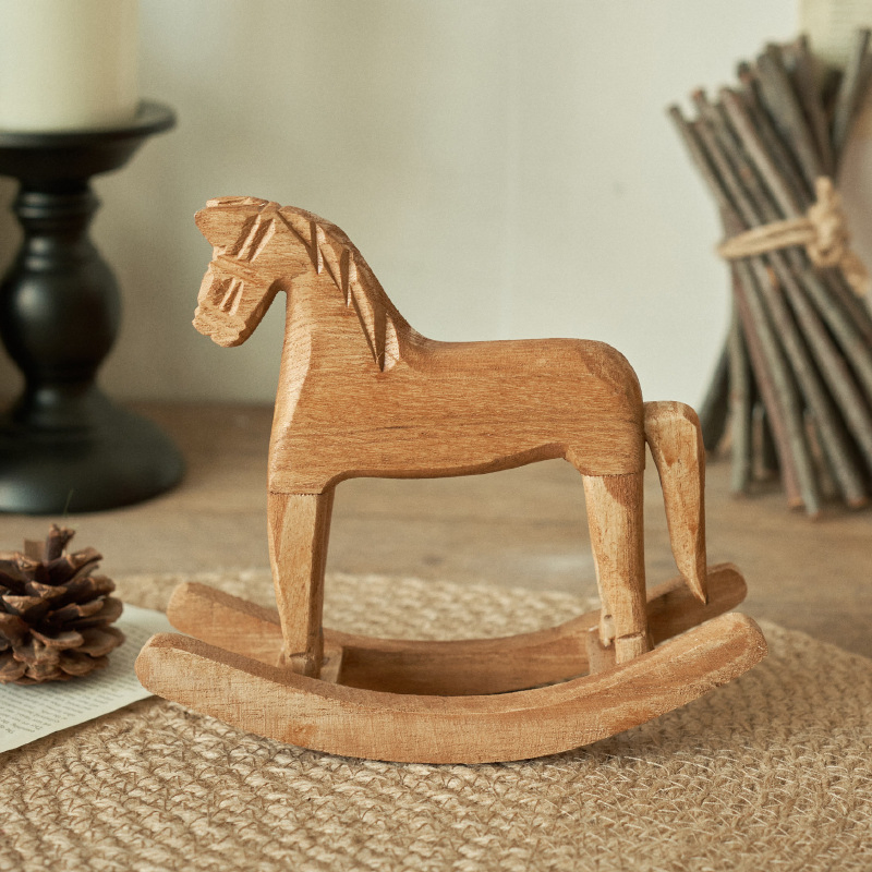 Handmade Nordic Style Wooden Rocking Horse Natural Pine Wood Desktop Ornament &amp; Home Decor Craft Symbol of Success