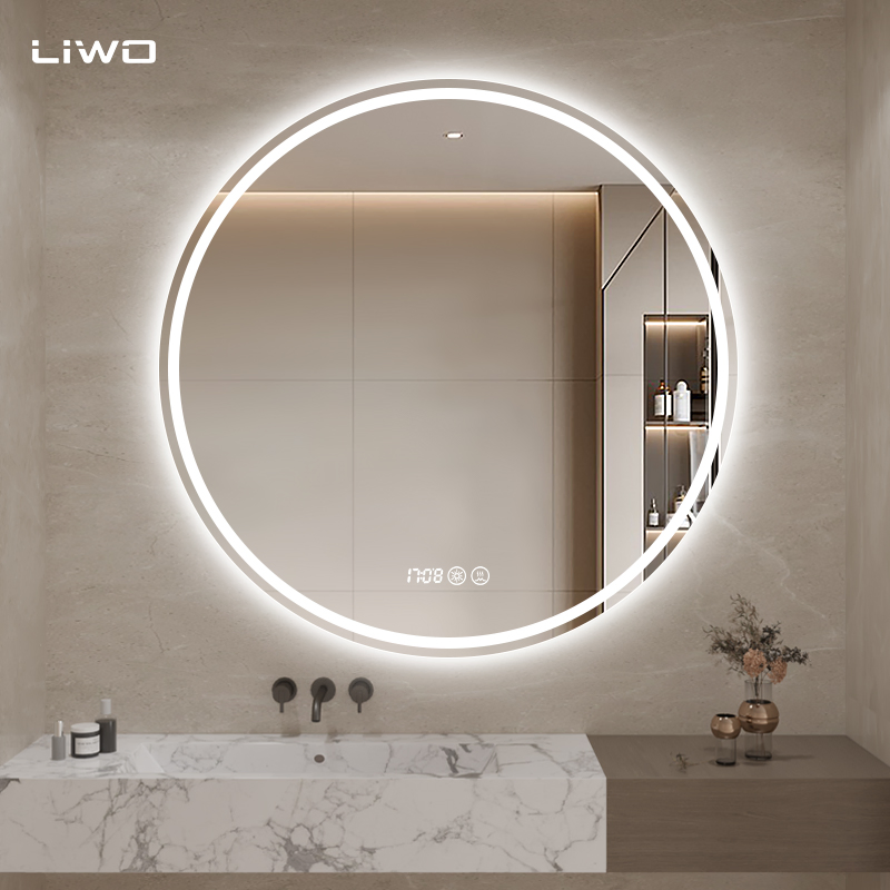 Round Intelligent Bathroom LED Mirror with Adjustable Light Time Temperature Anti-Fog Modern Wall-Mounted Frameless Home Decorative Makeup Cosmetic Furniture