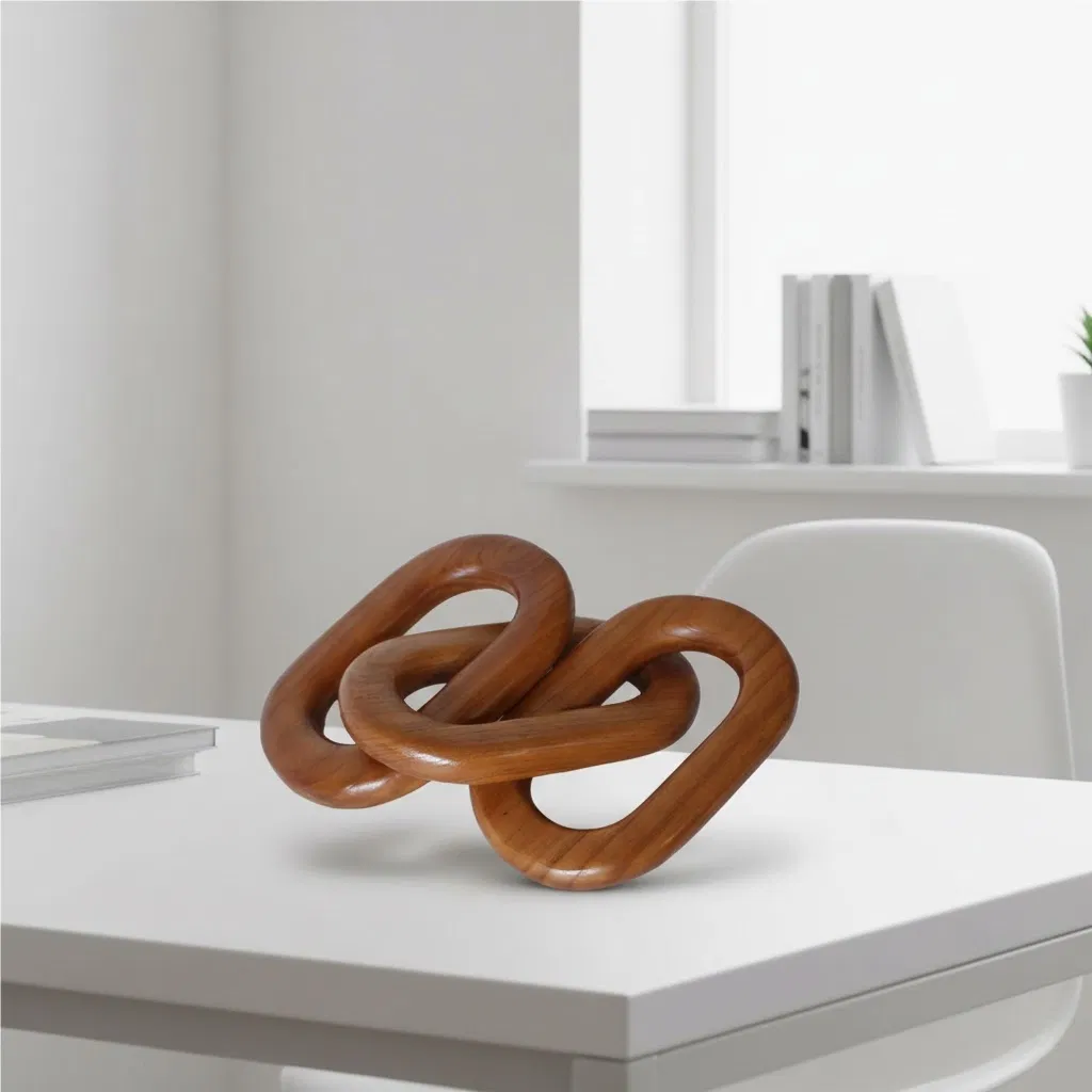 Natural Teak Wood Chain Link, Oval Interlocking Design, Rustic Modern Decor Piece