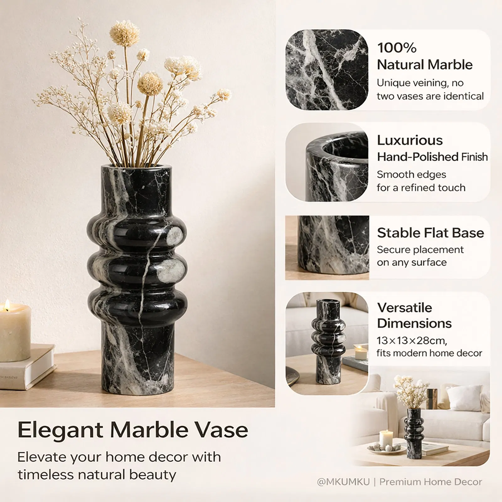 Natural Black Sliver Marble Stone Decorative Flower Vase for Hotels Home Decoration