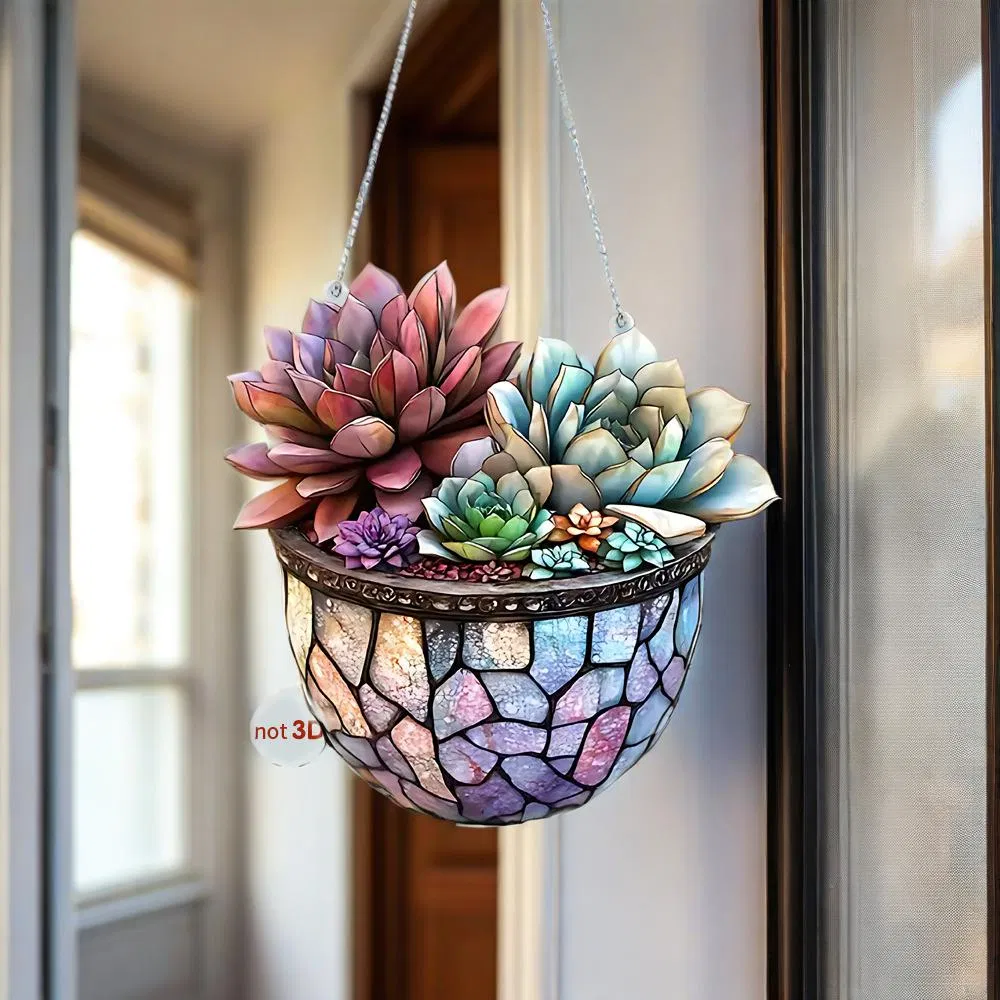 Colorful and Lifelike Flat Acrylic Succulent Pendant for Wall and Door Decor