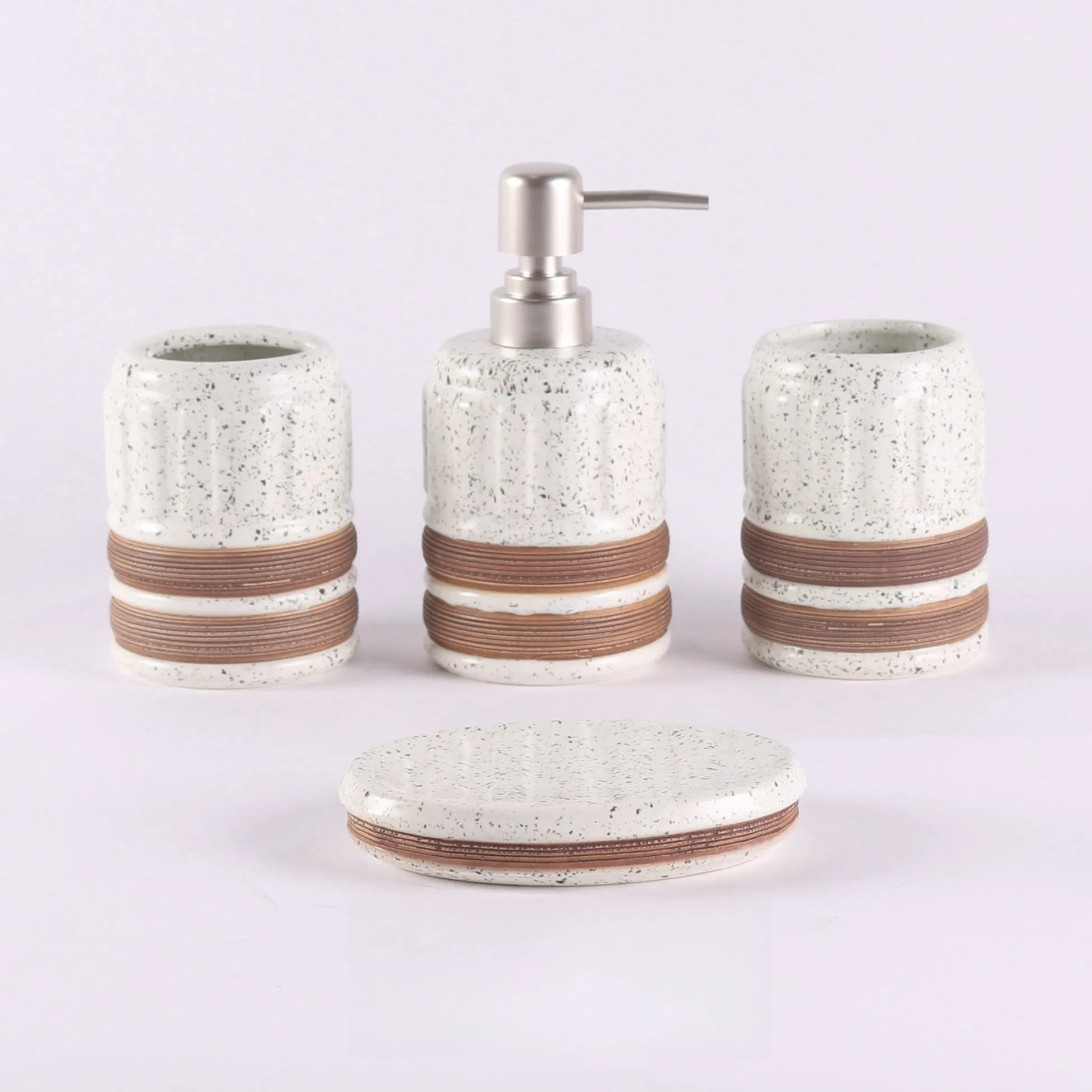 Ceramic Bathroom Set Luxury Decoration Home Accessories Modern Matte White Color Accented with Bamboo Piece Hotel Bathroom Set