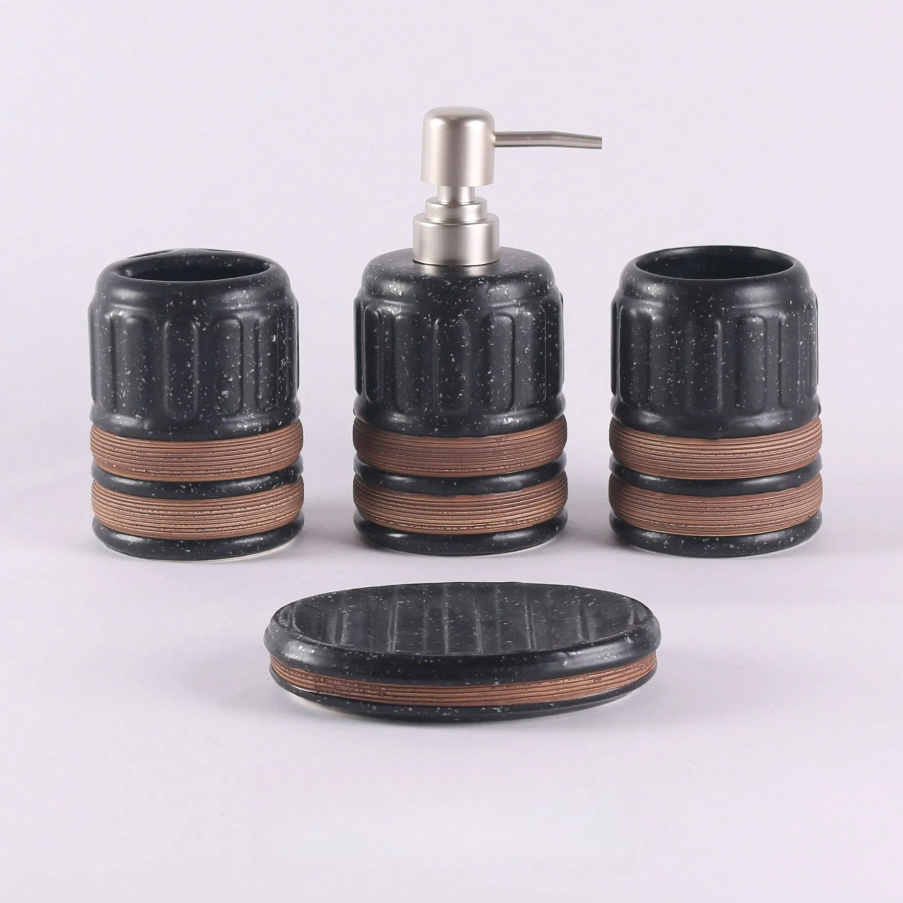 Ceramic Bathroom Set Luxury Decoration Home Accessories Modern Matte White Color Accented with Bamboo Piece Hotel Bathroom Set