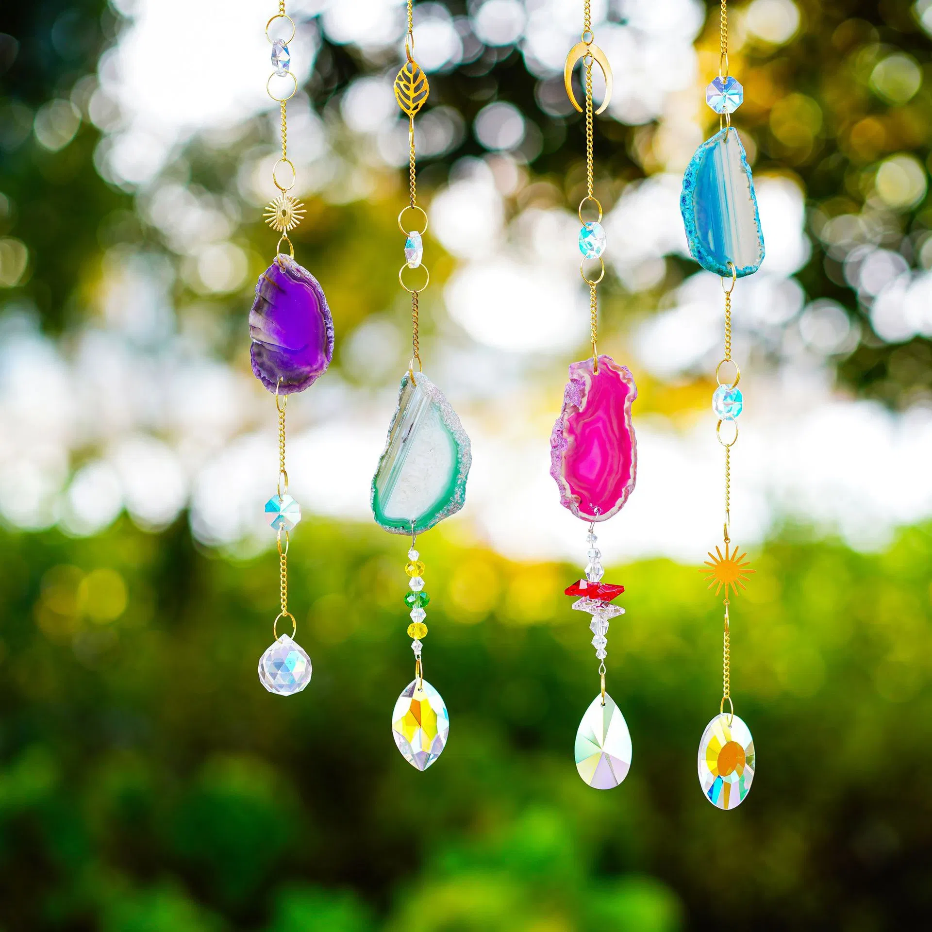 Natural Agate Sun Catcher with Crystal Prisms - Rainbow Window Decor