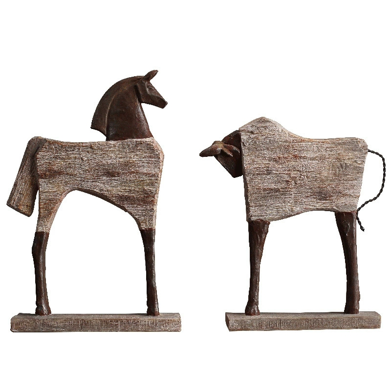 Retro Distressed Resin Horse &amp; Bull Figurine Set for Home Decor