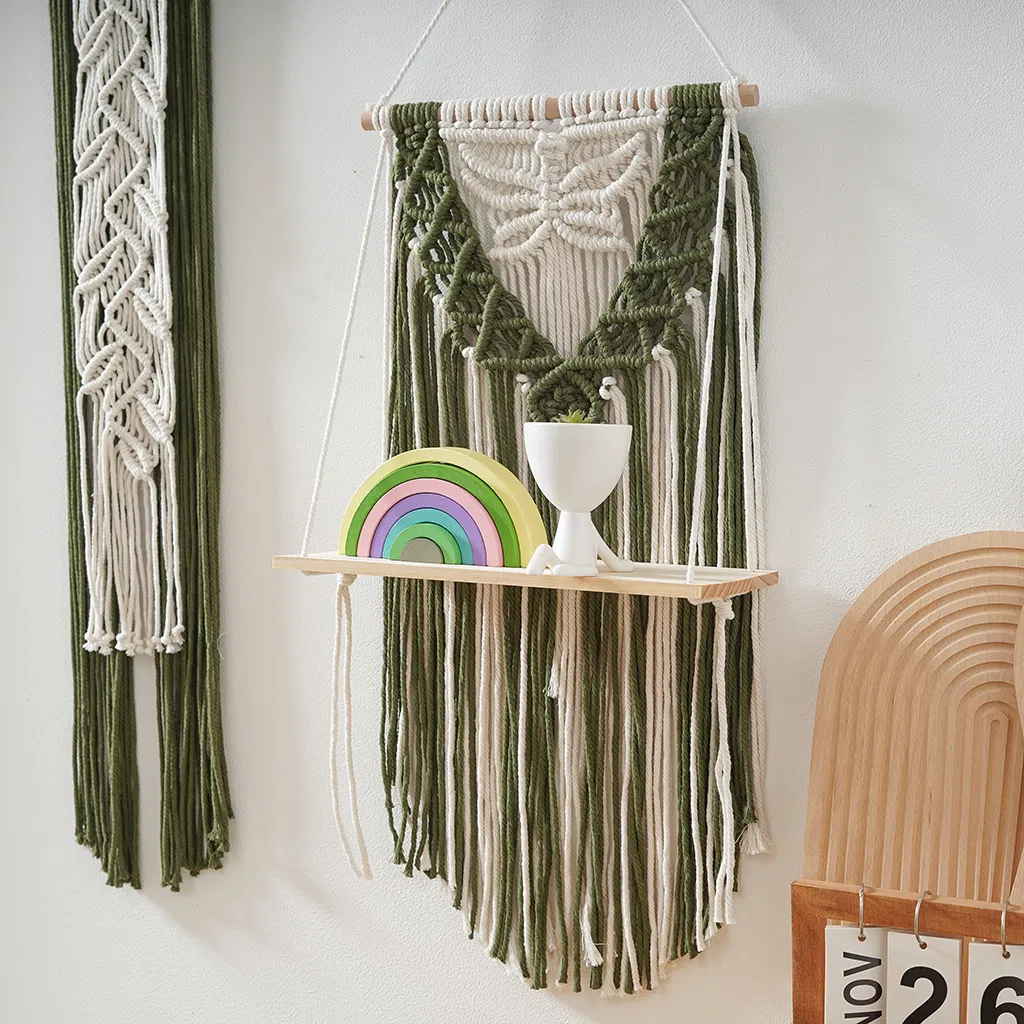 Boho Macrame Wall Hanging Shelf Cotton Wood Floating Magazine Organizer for Home Decor