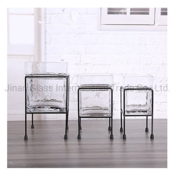 Nordic Style Black Metal Glass High Foot Square Vase Flower Vessel Hydroponic Creative Decoration