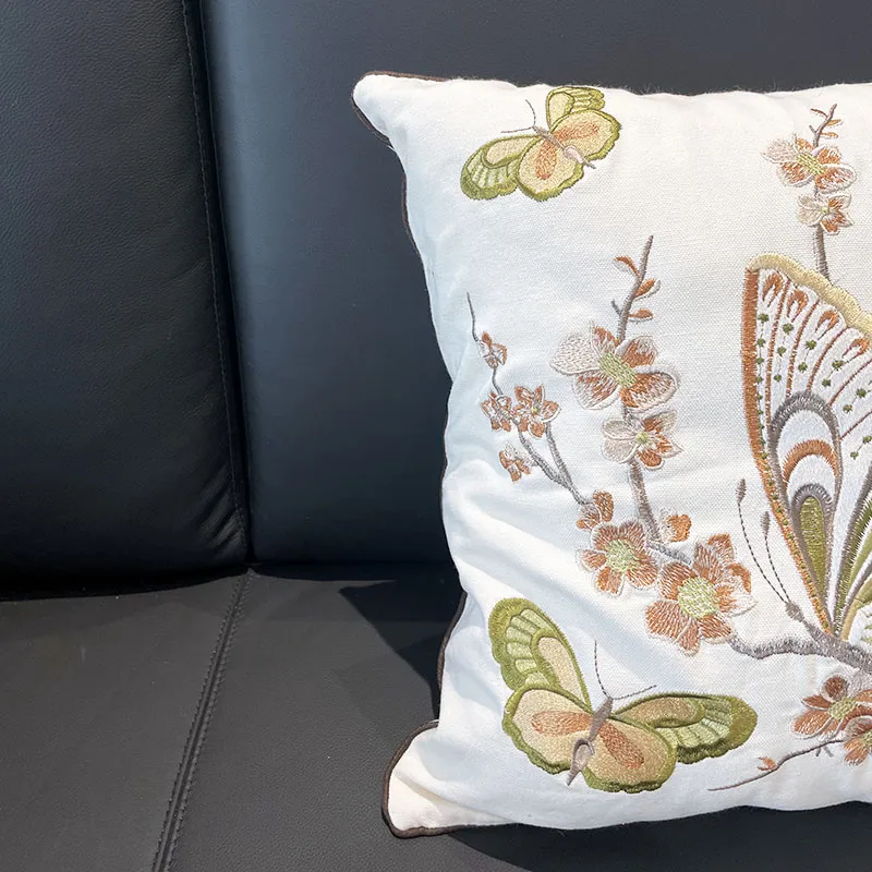 Embroidered Butterfly Flower Decorative Throw Pillow Detail