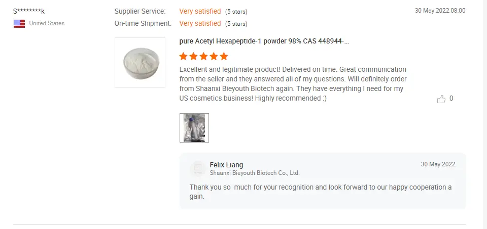 Customer review screenshot — verified Bieyouth Biotech buyer testimonial