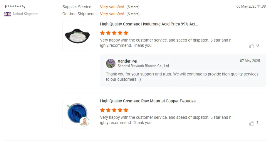 Customer review screenshot — verified Bieyouth Biotech buyer testimonial
