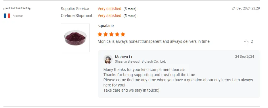 Customer review screenshot — verified Bieyouth Biotech buyer testimonial