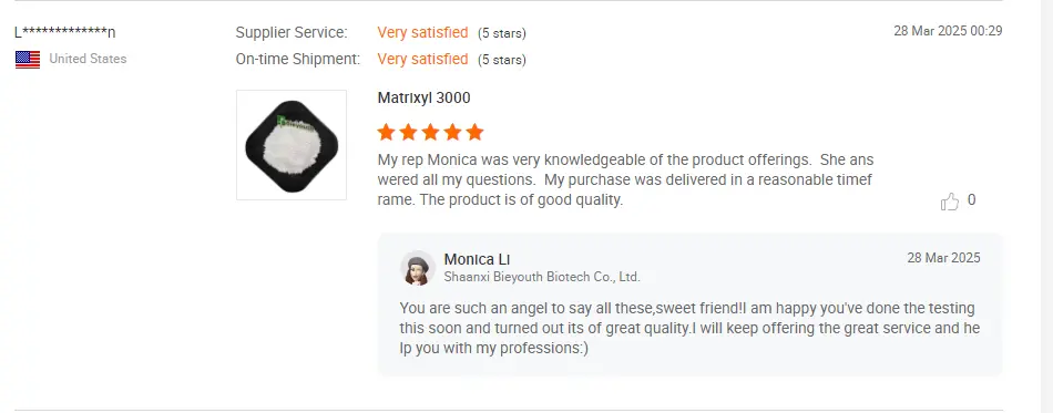 Customer review screenshot — verified Bieyouth Biotech buyer testimonial