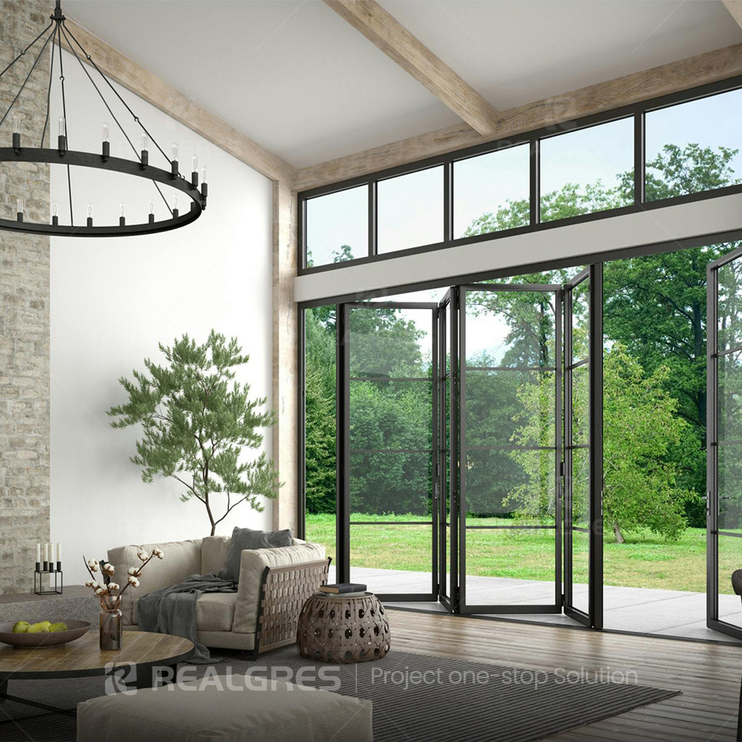 Realgres Steel And Glass Door Slim Line Black Frame Bi-fold Doors Interior Room Divider Space Saving Folding Door