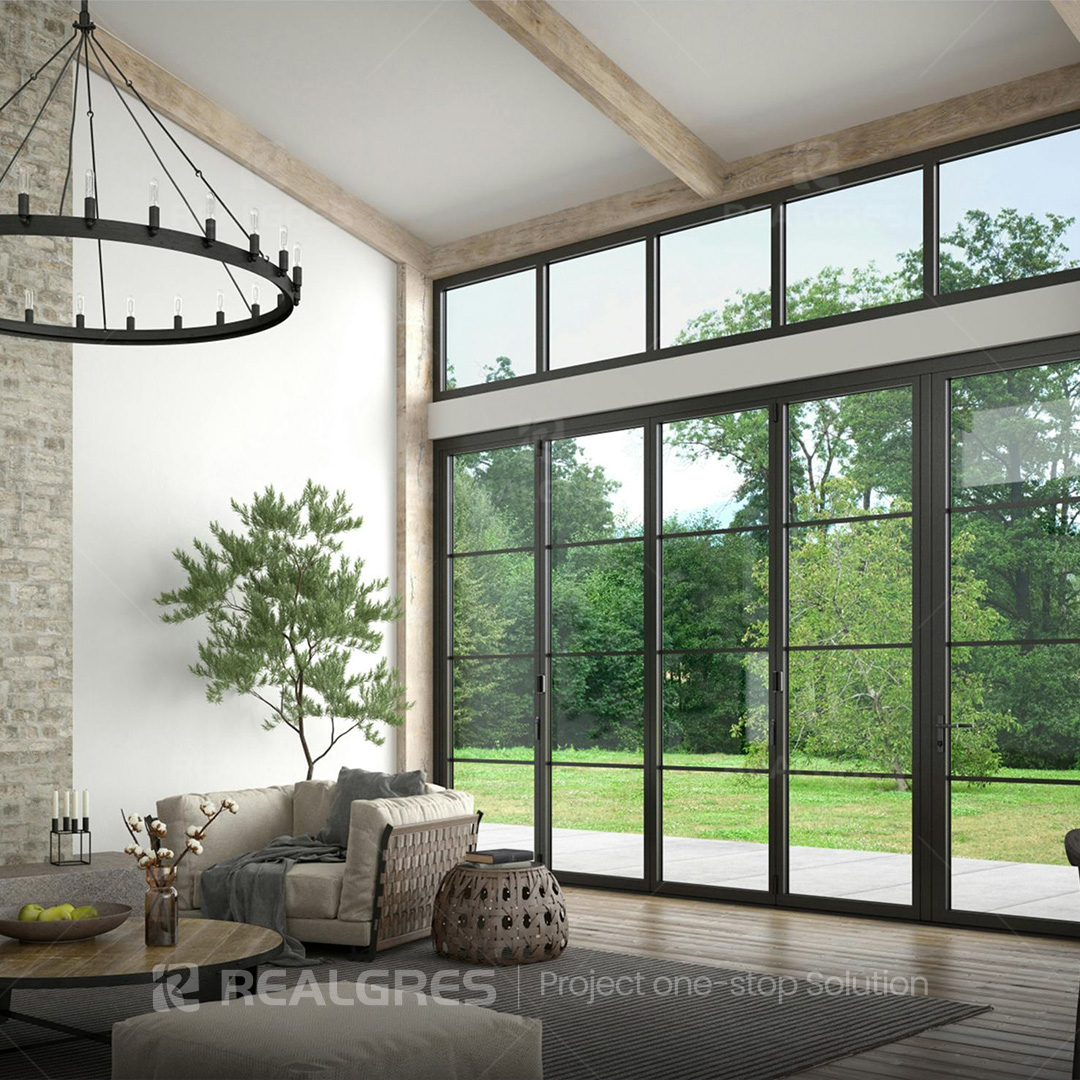 Realgres Steel And Glass Door Slim Line Black Frame Bi-fold Doors Interior Room Divider Space Saving Folding Door