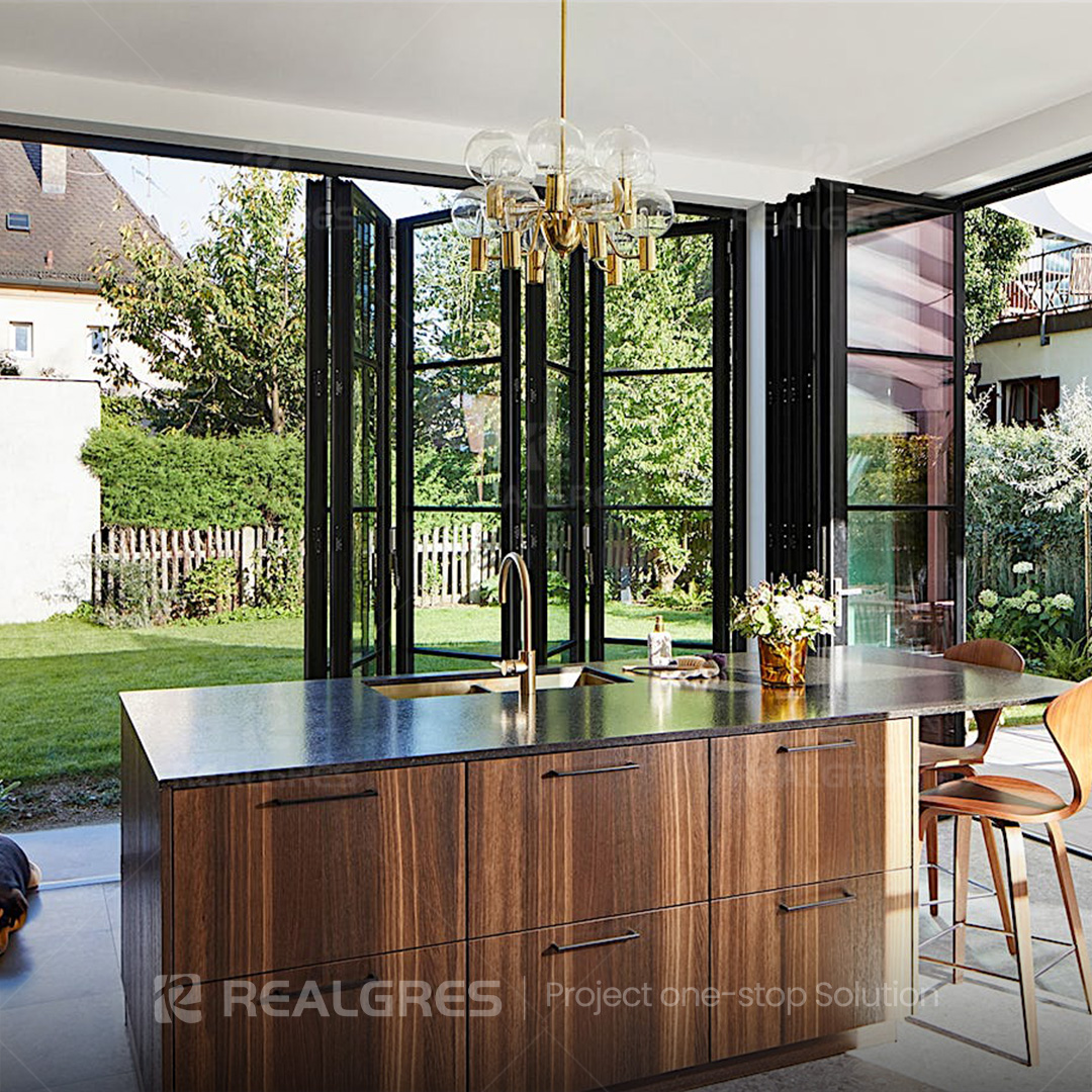 Realgres Steel And Glass Door Slim Line Black Frame Bi-fold Doors Interior Room Divider Space Saving Folding Door