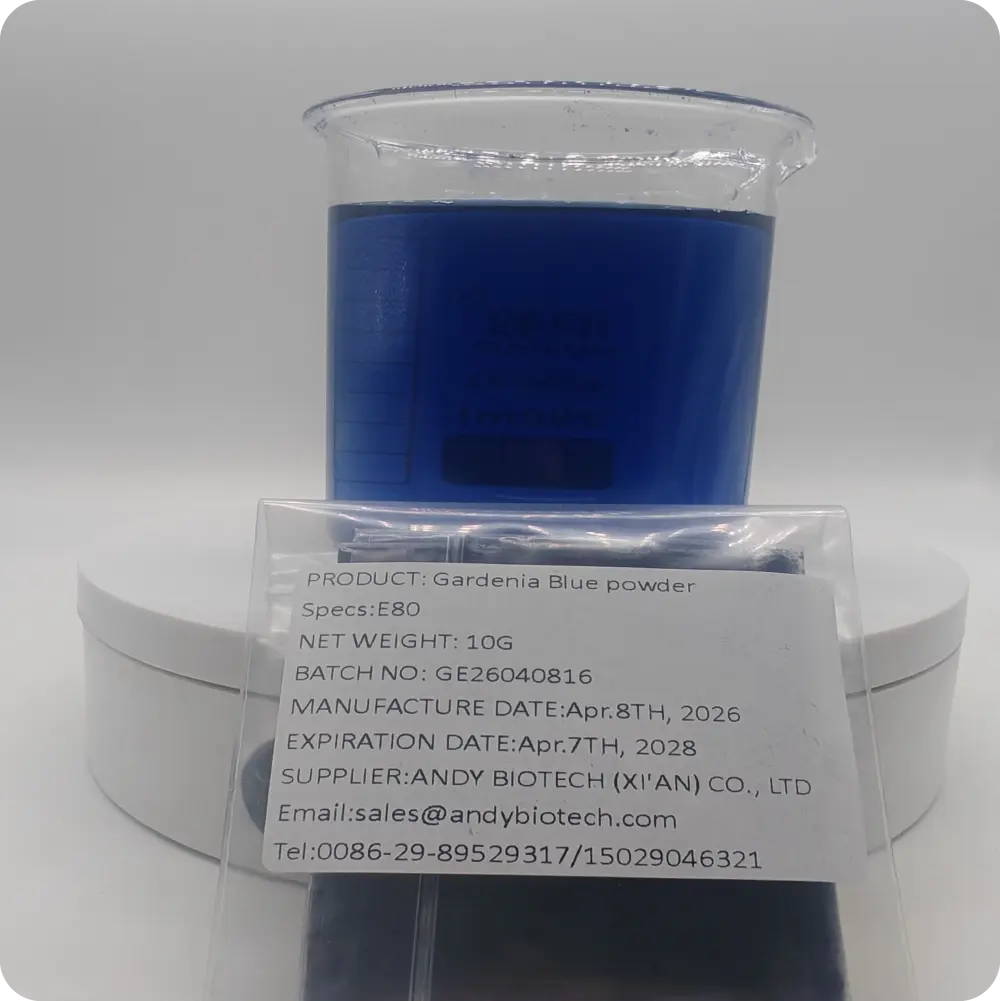 Best Natural Water Soluble Blue Colorant Gardenia Blue Pigment from Gardenia Jasminoide for Beverages, Dairy & Mild Cosmetic Raw Materials Manufacturer, Factories