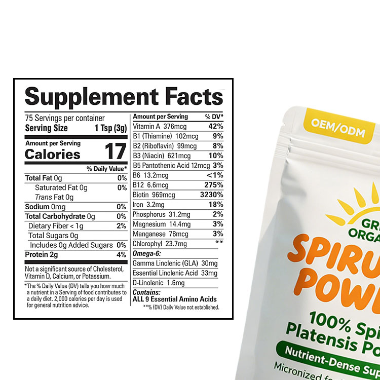 OEM/ODM Private Label Fast Absorption Spirulina Powder Blue-Green Algae Raw Vegan Protein Source Immune Support Supplement