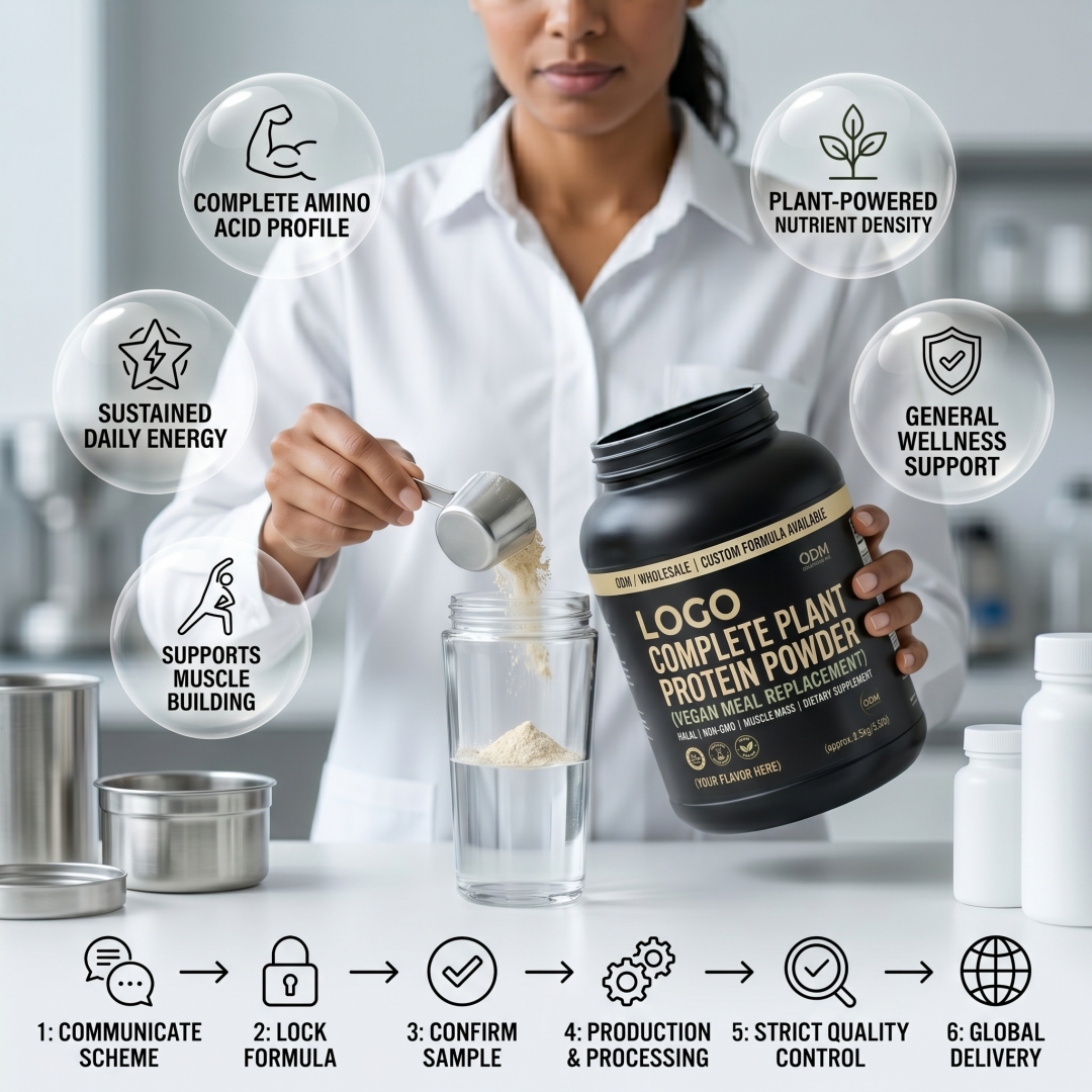 ODM Halal Non-GMO Complete Plant Protein Powder Antioxidant Custom Flavor Meal Replacement Muscle Mass Adult Vegan Dietary