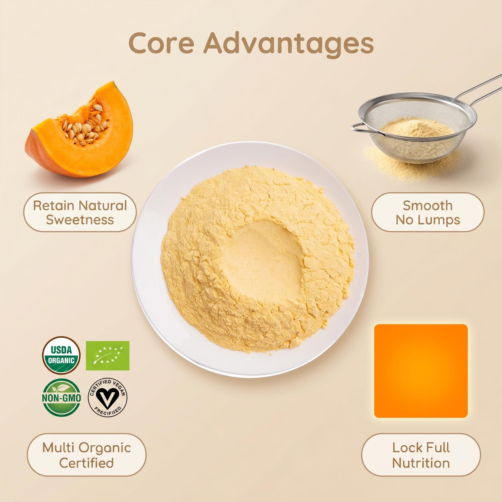 Organic Pumpkin Powder Freeze Dried Pure Natural Non GMO No Additives Fine Beverage Grade Bulk Supply Factory Direct
