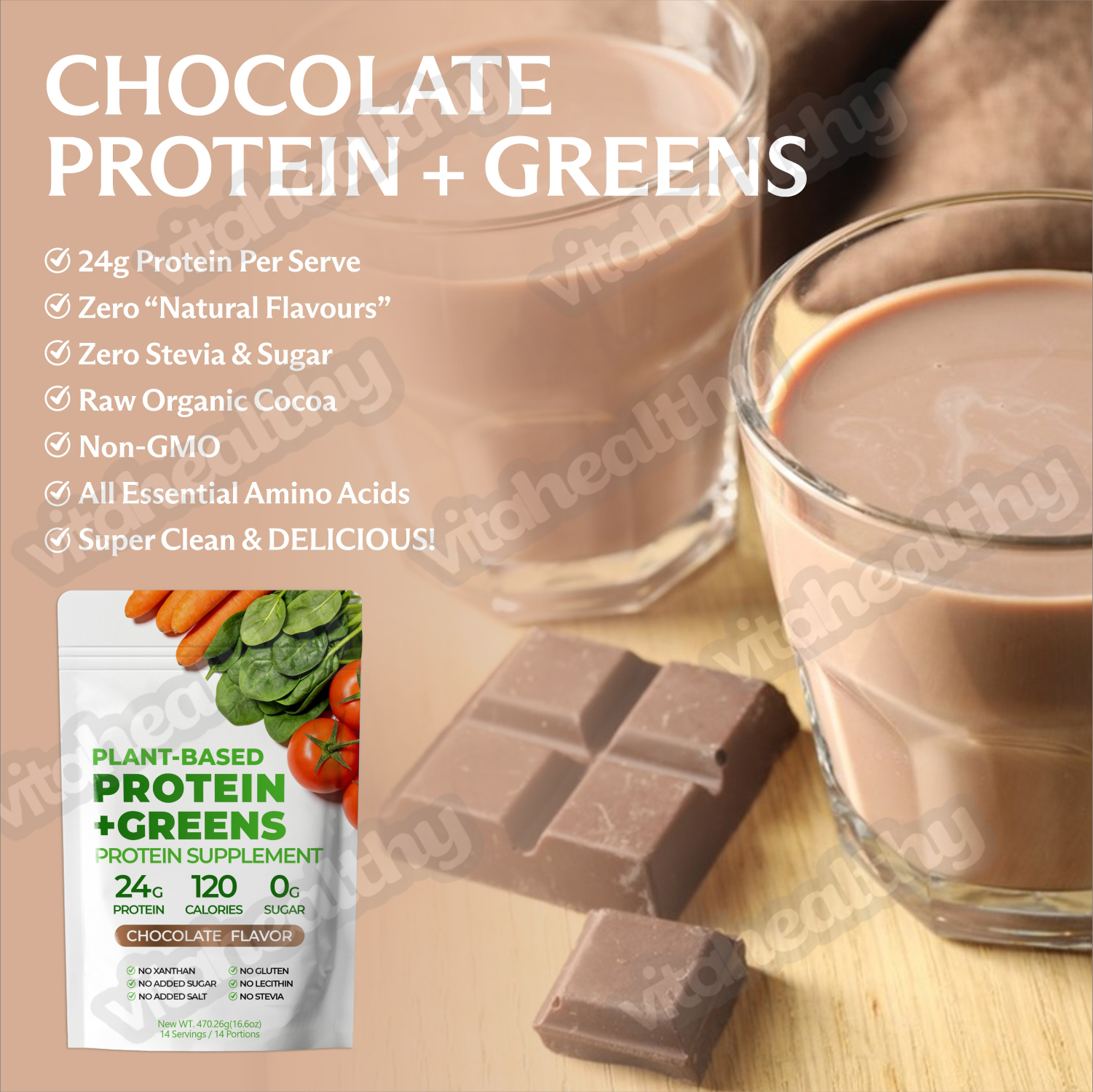 OEM Factory Supply Plant Based Protein+Super Greens Workout Supplement for Muscle Growth Chocolate Flavor Organic Protein Powder