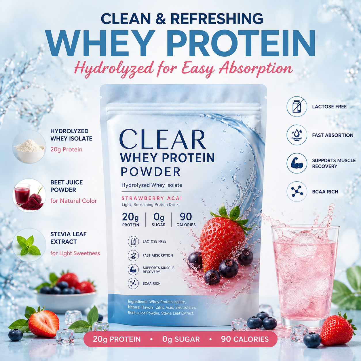 Plant Clear Whey Protein Powder Hydrolyzed Whey Protein Isolate 80 Zero Sugar Fast Absorption 100% Whey Protein for Pre Workout
