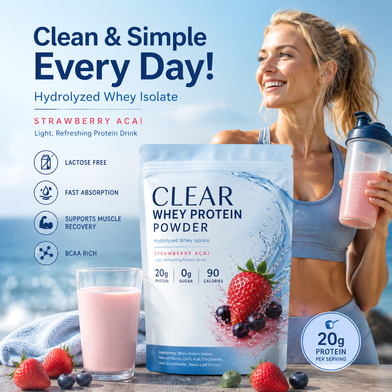 Plant Clear Whey Protein Powder Hydrolyzed Whey Protein Isolate 80 Zero Sugar Fast Absorption 100% Whey Protein for Pre Workout