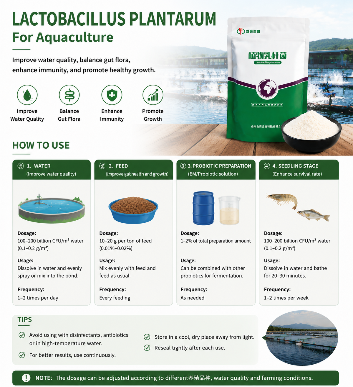 Lactobacillus Plantarum Probiotic Powder For Aquaculture Improve Water Quality, Enhance Fish Growth &amp; Disease Resistance