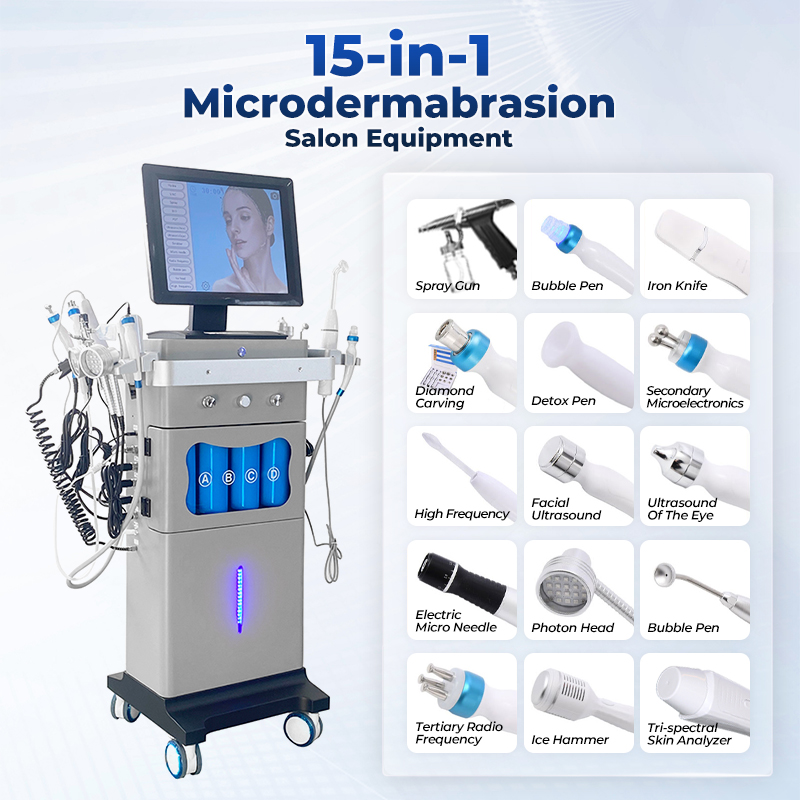 Salon 15in1 Hydro Microdermabrasion Oxygen Facial Machine Skin Tightening Oxygen Skin Care Cleaning Whitening with Skin Analyzer