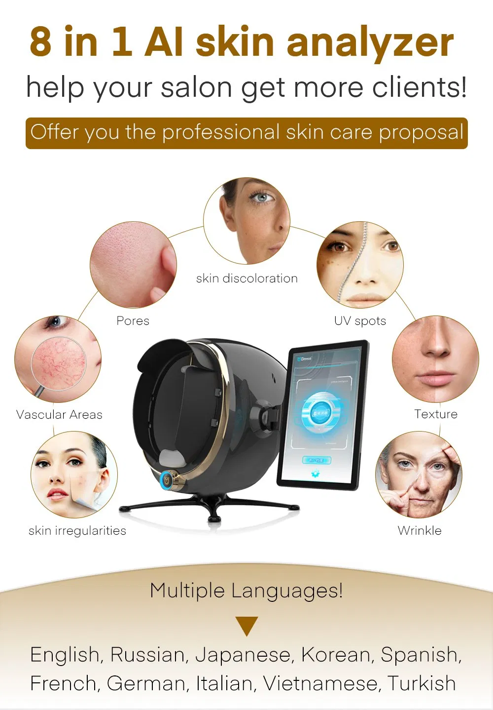 8in1 Ai Intelligence Skin Analyzer Face Analysis Facial Machine with Pad