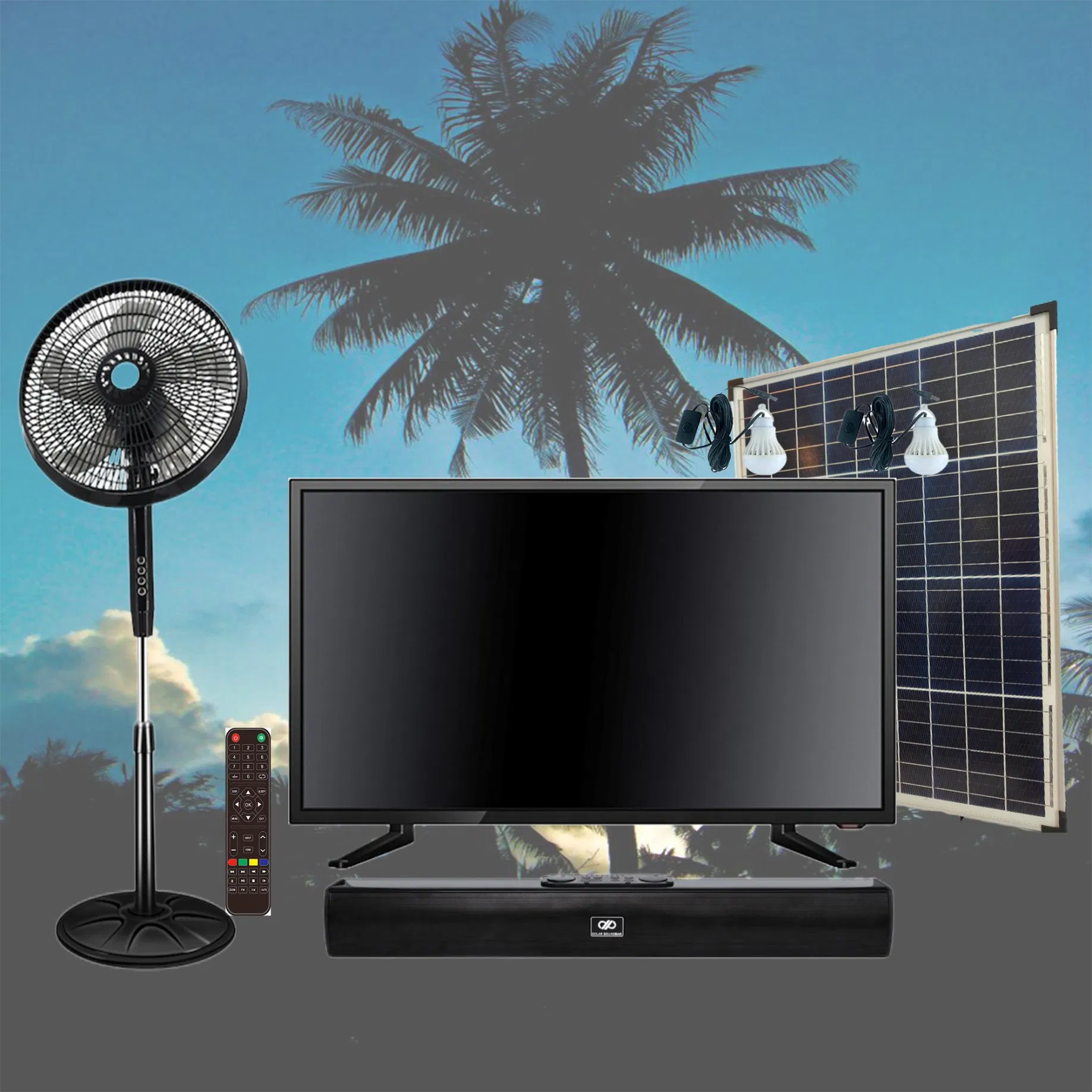 Solar Soundbar Home TV Lighting System 100W Solar Panel 20/36ah Battery Support Bluetooth FM Audio Portable HiFi Sound Theater Solar TV System