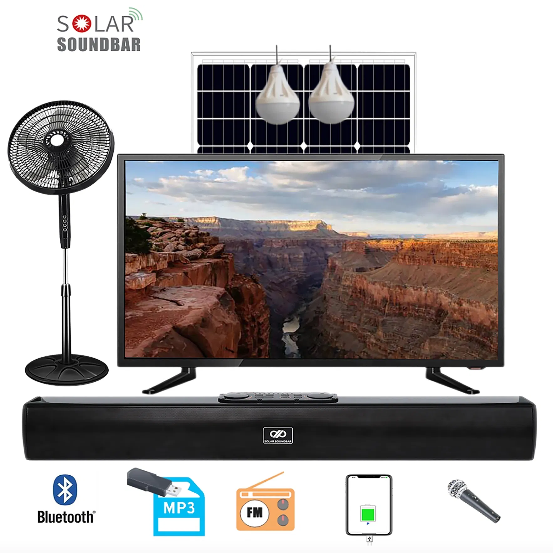 Solar Soundbar TV Lighting Home System LED Lamps 8 20 36ah Battery Built-in Solar Support Bluetooth FM Radio Audio