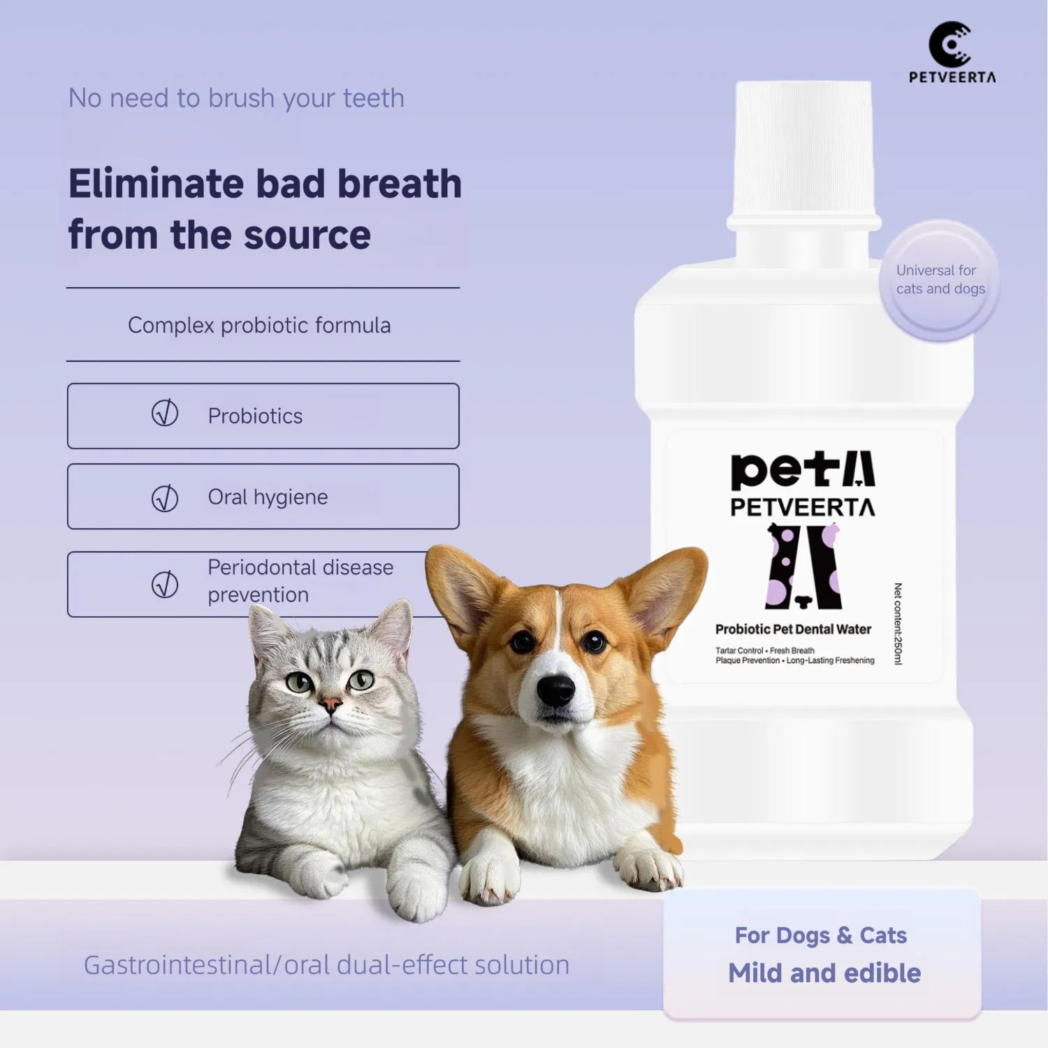Natural Ingredient Probiotic Pet Dental Water for Pets with Halitosis
