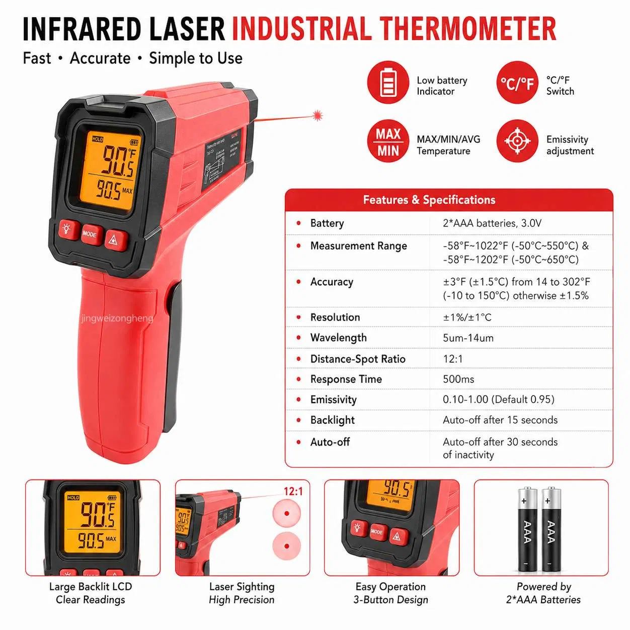High Temperature Infrared Laser Thermometer with Adjustable Emissivity for Metal Processing & Kilns